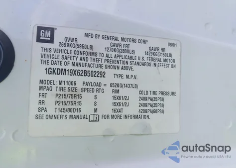 2002 GMC Safari Sle z USA, uszkodzony, nr VIN 1GKDM19X62B502292